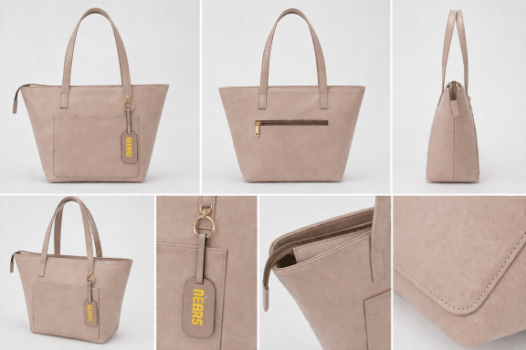 NEERAS' Vayen #1 – Beige, viste dettaglio Borsa NEERAS' Vayen #1 – Dettagli pelle italiana beige, design artigianale africano