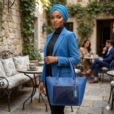 Prezzo 98.50€ Donna elegante con sciarpa blu e borsa blu in un caffè all'aperto.